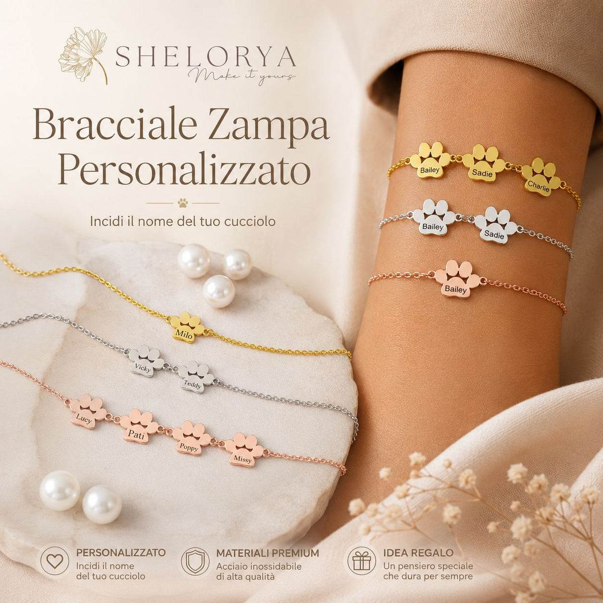 Eternél - Bracciale personalizzato nome su zampa