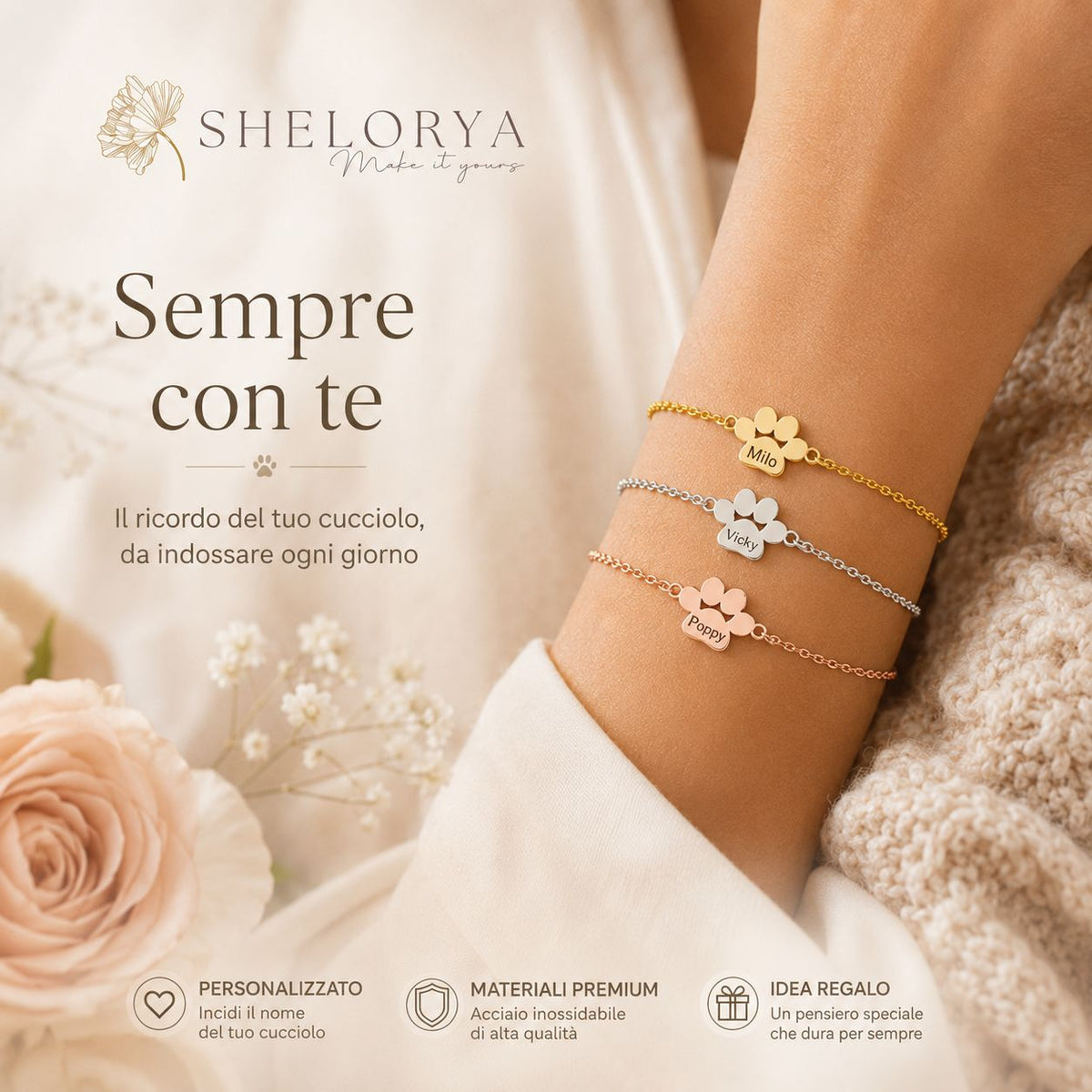 Eternél - Bracciale personalizzato nome su zampa